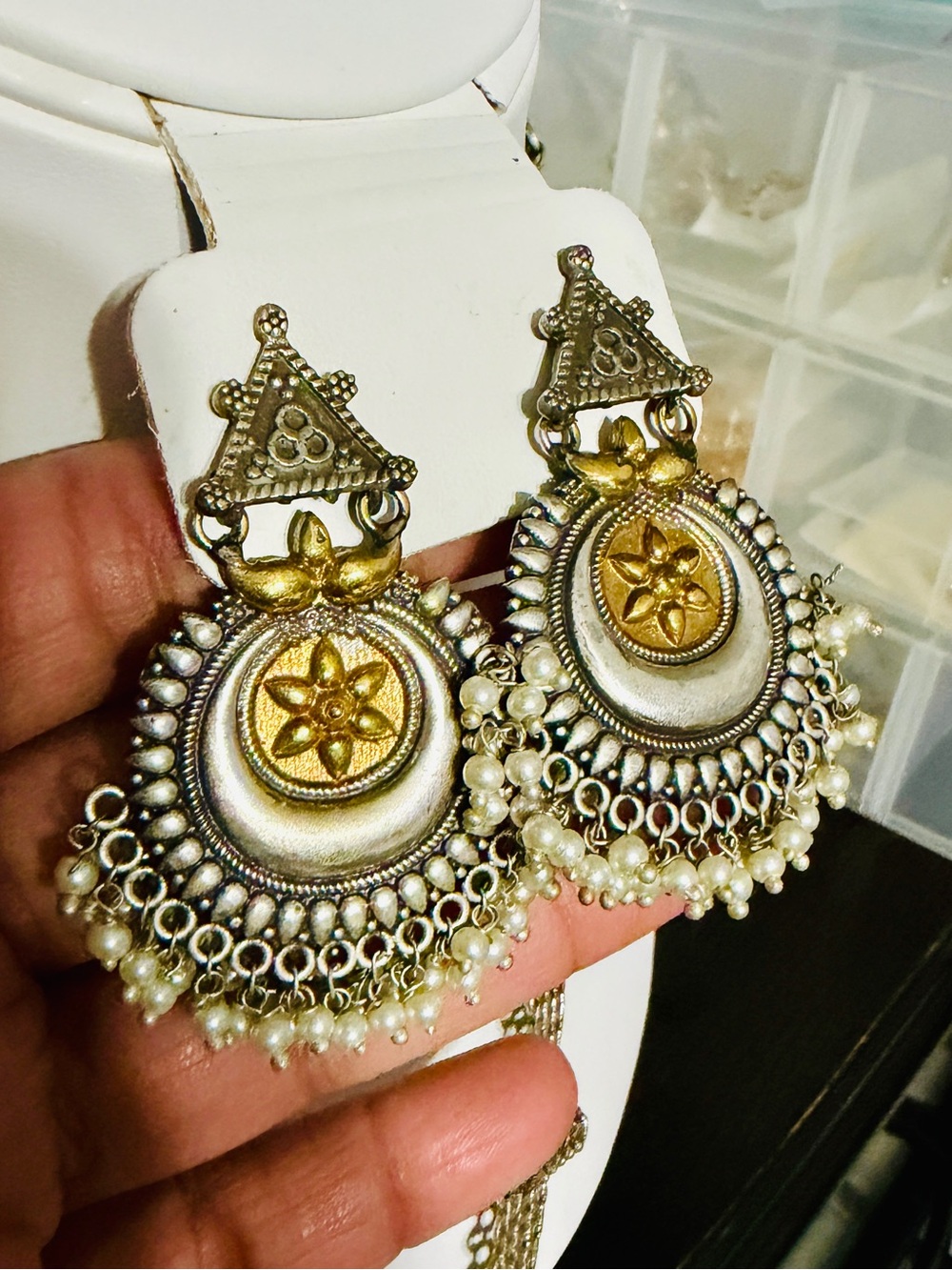 Handcrafted Gold & Silver Tone Floral Chandbali Earrings with Pearls (Dual tone)